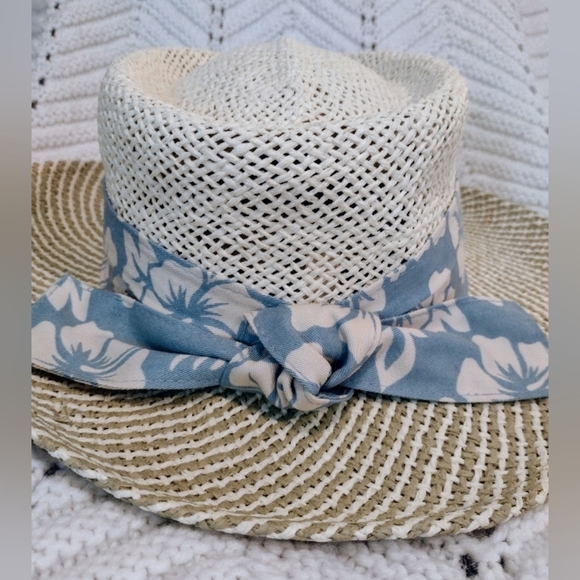 Kate Lord  Golf Straw Hat PGA West Womens M/L Blue Ribbon Bow Floral Summer - Picture 6 of 10